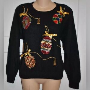 WORK IN PROGRESS by Gladys Bagley Christmas Sequin Silk Angora Sweater L VTG